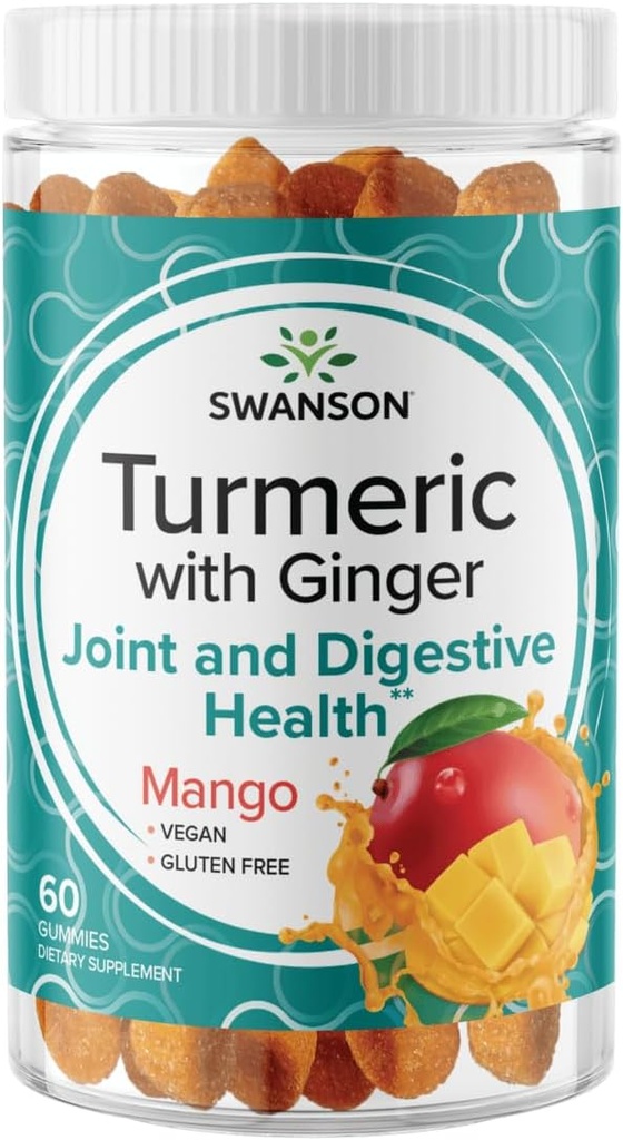 Ginger Gummies가있는 Swanson Turmeric - 소화 및 면역 체계 건강을 촉진하는 모든 천연 보충 - 합동 기능 및 운동 능력을 지원하는 데 도움이 - (Mango, 60 Gummies)