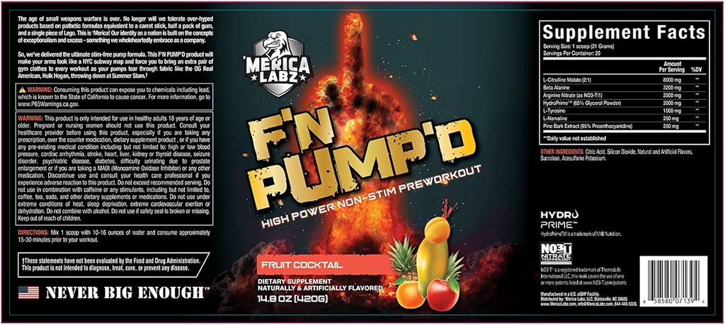 'Merica Labz F'N Pump'D Stimulant Free, Nitric Oxide,Fully Dosed, 펌프 PreWorkout Powder (20 서빙) (Fruit 칵테일)