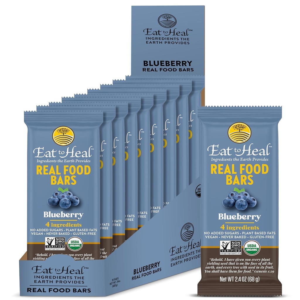 EatToHeal Blueberry Real Food Bar - 유기 단백질 바, 채식 식품, 건강한 글루텐 무료 단백질 식품 - 낮은 설탕 단백질 바, 비 GMO, 결코 구운되지 않는, 식물 기반 유기 스낵 - 즐길 수 공예