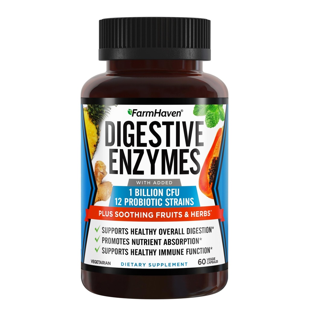 FarmHaven Digestive Enzymes with 18 Probiotics & Herb | Papaya, Bromelain, Protease & More for Lactose Absorption & Better Digestion | 블로팅, 가스, 변비에 도움 | 채식, 60 캡슐