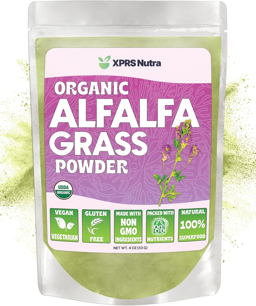 XPRS Nutra 유기 Alfalfa 분말 - 칼슘, 산화 방지제, 비타민의 프리미엄 채식 보충 - 어린이와 성인을위한 농부 Alfalfa 보충 - Vegan Friendly Healthy Leaf (4 Ounce)