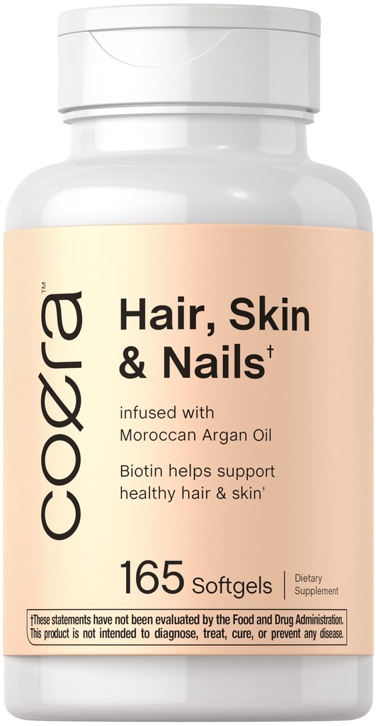 Coera Hair, Skin and Nails Vitamin | 165 Softgels | Biotin, Collagen & Moroccan Argan Oil | 남성과 여성을위한 비 GMO 및 글루텐 무료 보충