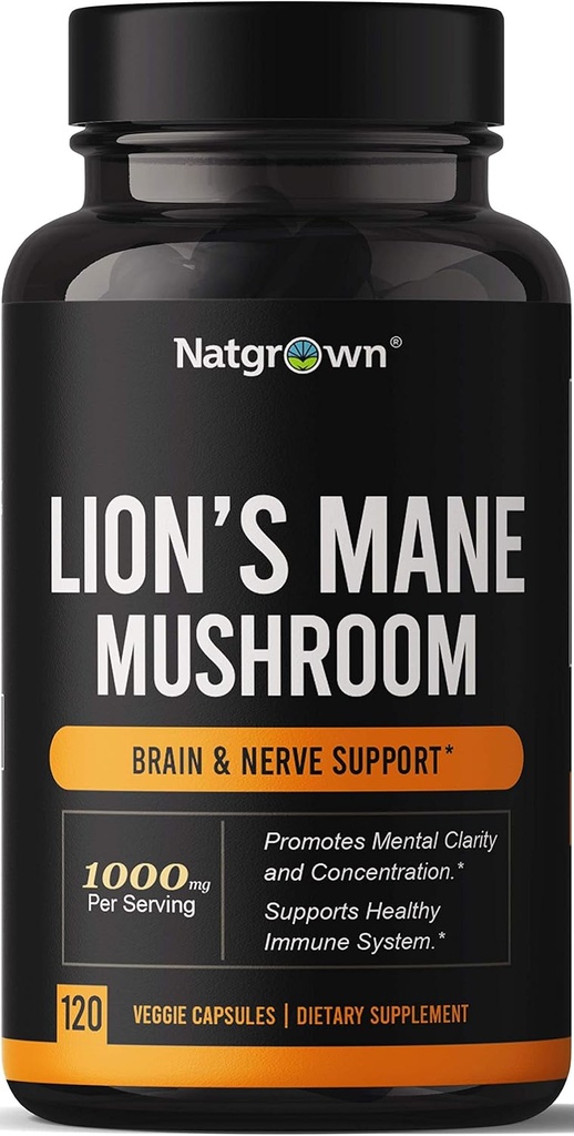 Natgrown Lions Mane 버섯 보충 캡슐 - 유기 사자의 Mane 추출물 Nootropic Brain Supplement for Men & Women - Mental Clarity, Focus 및 Memory를 홍보하십시오 - 채식 환약