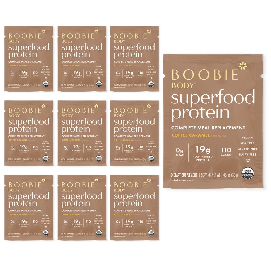 보로비 바디 슈퍼 푸드 단백질 식사 교체 쉐이크, 커피 캐러멜 맛 | 19g Protein | 임신, 라켓, 미성년자| 유기농, 채건, 제설 설탕, 10 싱글 세브 패킷 (1.06 온스)