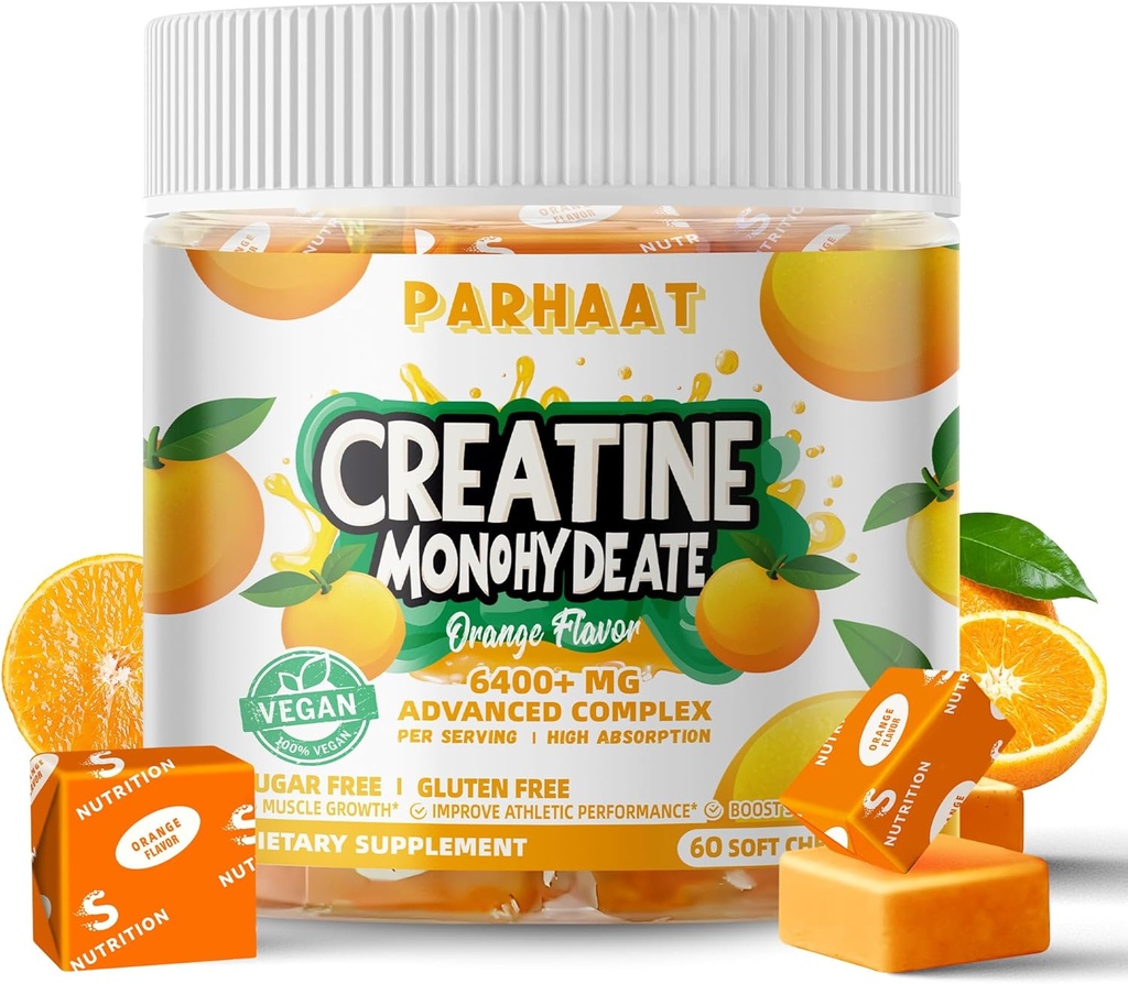 Creatine Monohydrate Chews Complex 남자 & 여자를 위한 6400mg - 고급 공식 W/L-Taurine + 비타민 B12, 설탕 자유로운 Chewable 보충교재, 60 오렌지 Softchews