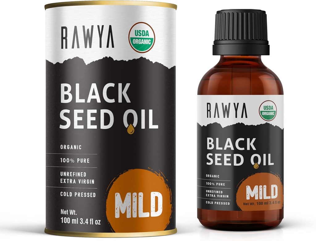 RAWYA Black Seed Oil - 냉간 프레스 - 블랙 Cumin Seed - 프리미엄 Nigella Sativa - 오메가 3 6 9 - 피부와 건강한 모발을위한 Kalonji - 비 GMO, 글루텐 - 무료 - 웰빙 오일 - 밀드 풍미 - 3.4 Fl Oz
