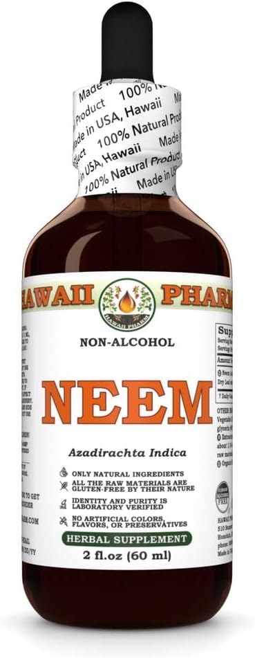 Neem 알콜 자유로운 액체 추출물, 유기 Neem (Azadirachta Indica)는 잎 Glycerite 자연적인 초본 보충교재, 하와이 Pharm, 미국 2 fl.oz를 말렸습니다