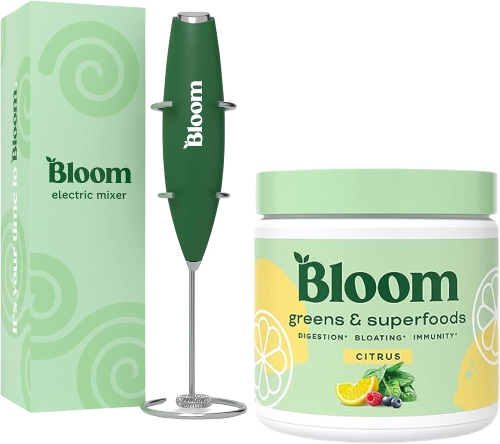 Bloom Nutrition Superfood Greens Powder, Probiotics 및 Prebiotics, Gut Health, Bloating Relief, Citrus + Milk Frother 고출력 핸드 믹서가있는 소화 효소