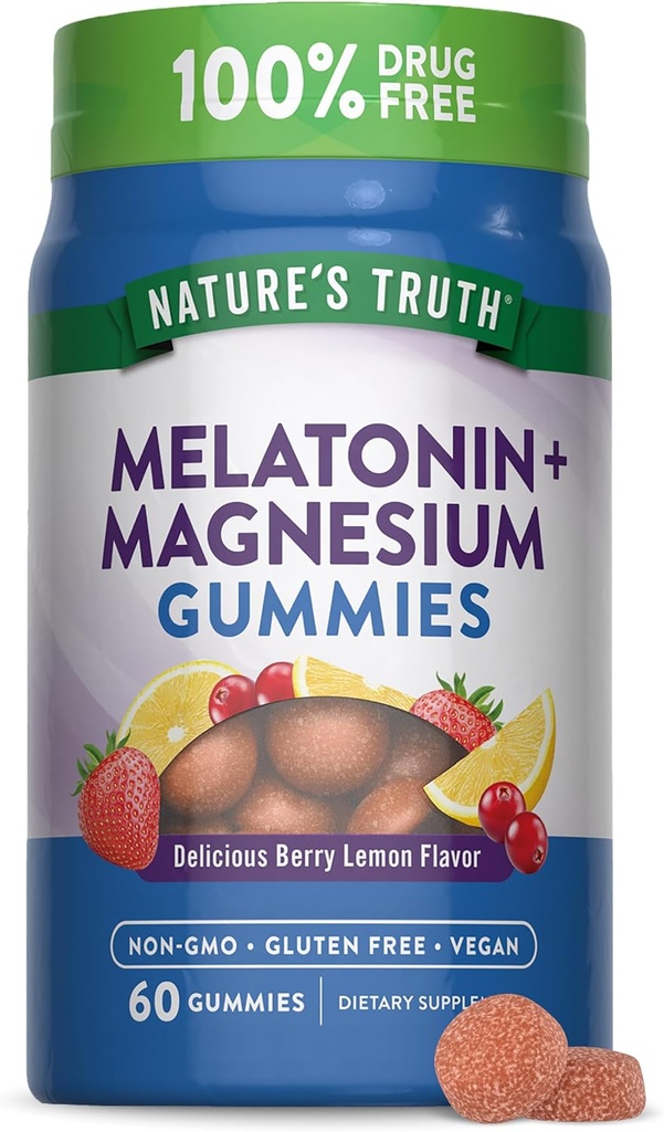 자연의 진실 멜라토닌과 마그네슘 구미 | 60 개 | Berry Lemon flavor | Vegan, Non-GMO & 글루텐 무료 보충