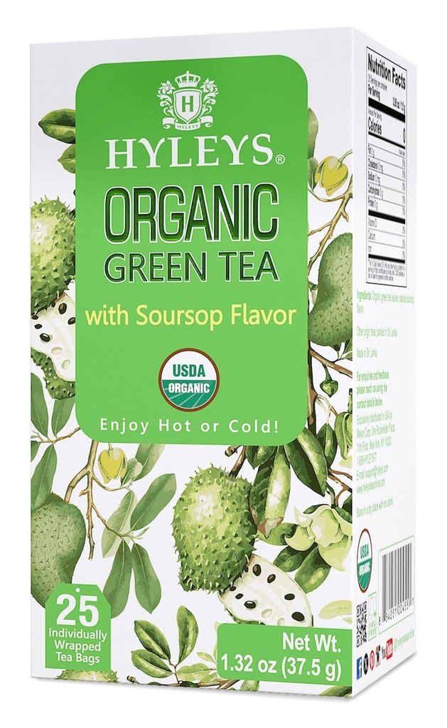 Hyleys Organic Green Tea Soursop 맛 - 25 티백 - (12 팩 - 300 티백 합계) - Graviola Guanabana Tea