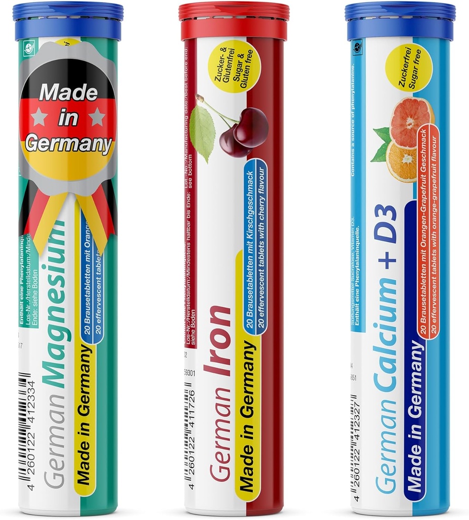 T & D 독일 광물 플러스 패키지 60 서빙 - Vegan, Zero Sugar - 음료 Effervescent 정제 - 철, 칼슘, 마그네슘 Pharma - 독일에서 만든