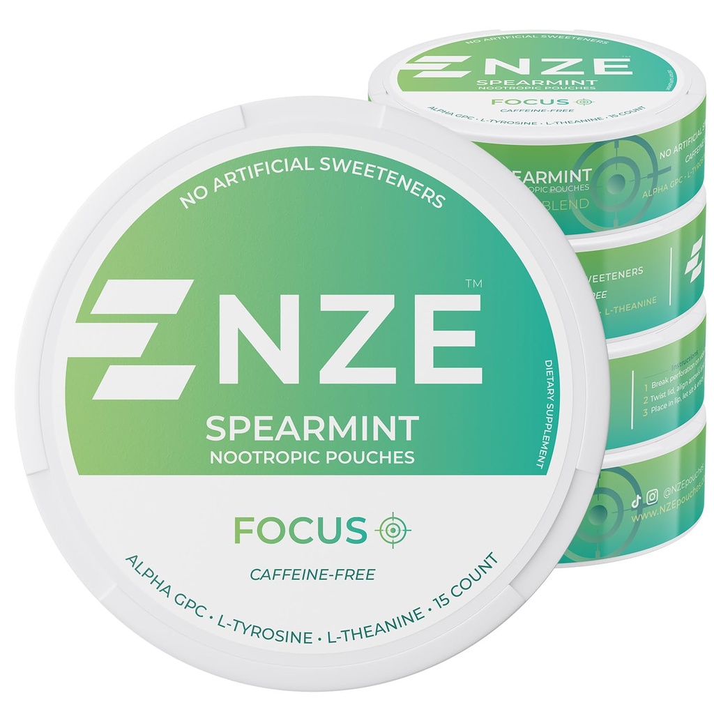 NZE 카페인 무료 Nootropic 파우치 (Spearmint) - 알파 GPC, L-Tyrosine 및 L-Theanine이있는 Nootropic 파우치 - 설탕 또는 인공 감미료 없음 - 15 Nicotine 무료 파우치 - 5 팩