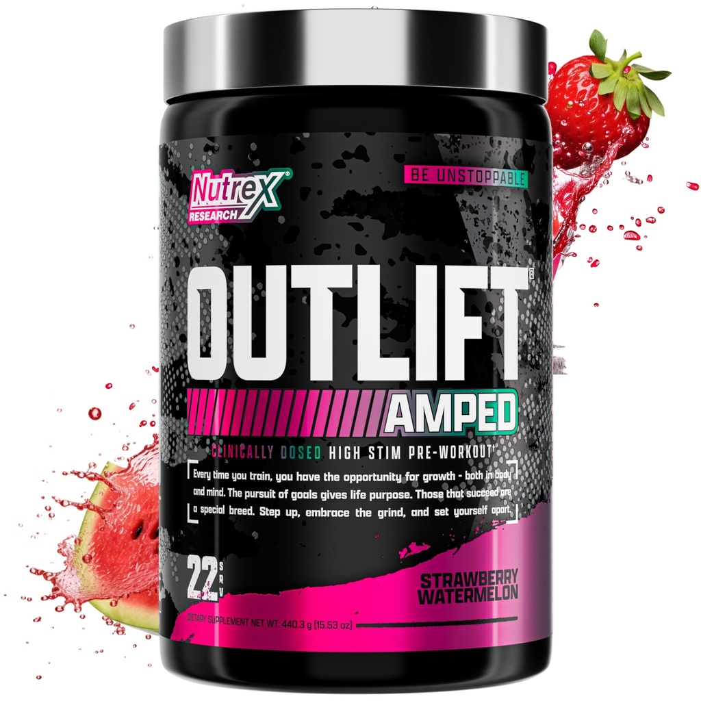 OUTLIFT Amped 최대 투약된 높은 STIM 전 운동 분말 6G Citrulline, 3.2G beta Alanine, 알파 GPC, CognatiQ, 극한 에너지, 대규모 펌프, 전기로트 (Strawberry Watermelon, 22 서빙)
