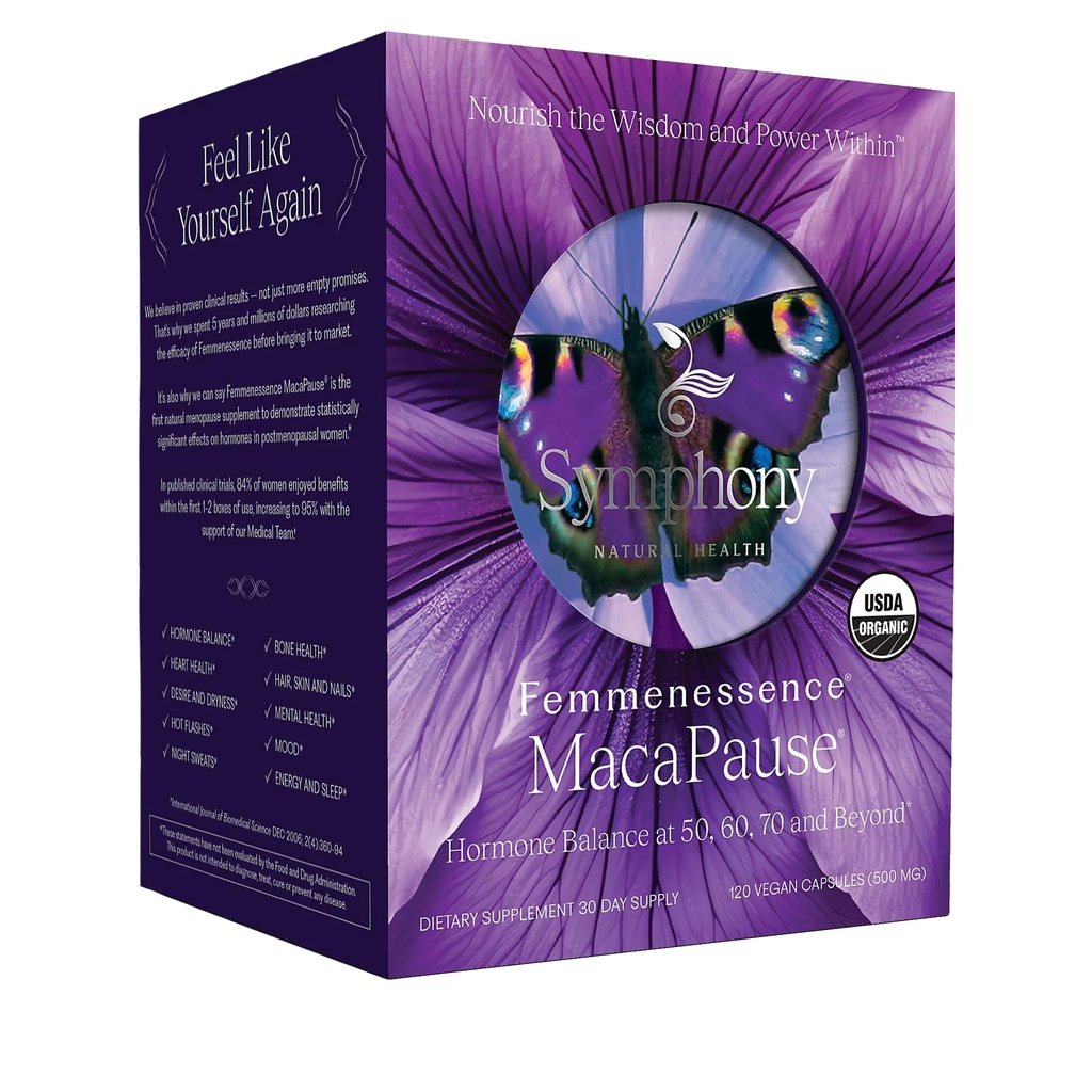 Femmenessence® MacaPause® – 자연 호르몬 균형, Menopause Symptom Relief, Bone & Heart Health, 추가 호르몬없이 임상적으로 입증 된 Postmenopausal 보충 (120 캡슐, 30 일 공급)