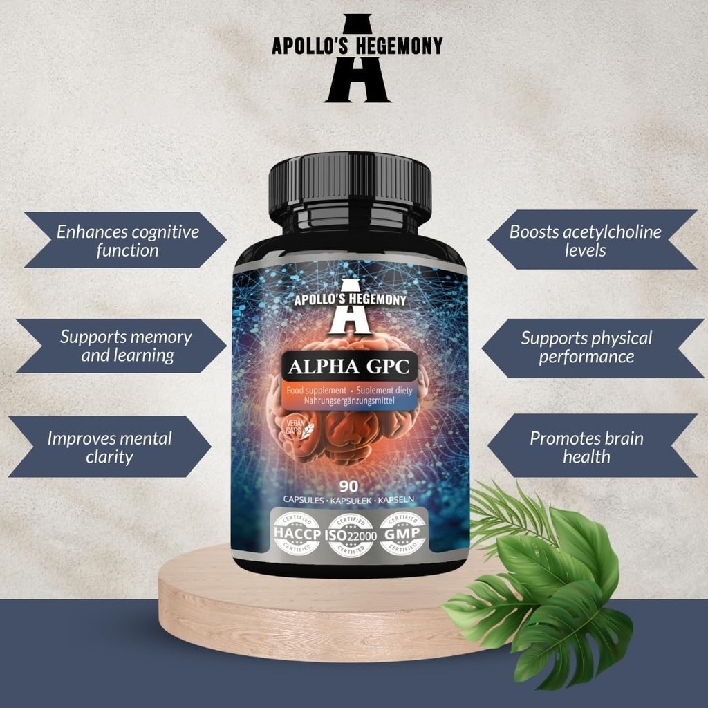 APOLLO의 매일 복용량 당 HEGEMONY 알파 GPC 600mg - 90 Vegan Choline 캡슐 - 99% Choline Alfoscerate Dietary 보충교재 - Lipid Choline - 기억과 농도 캡슐