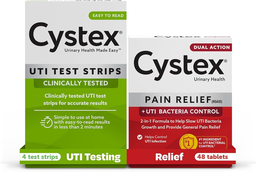 Cystex Urinary Tract Infection (UTI) 테스트 스트립 + 통증 완화 : 4 테스트 스트립 및 48 캡슐 통증 완화 의학