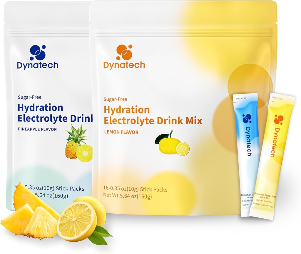 Dynatech Zero Sugar Electrolyte 음료 믹스 - 레몬, 파인애플 - 10 Electrolytes & Vitamins가있는 하이드로 션 파우더 패킷 | Non-GMO, 글루텐 프리, 비건 일렉트로 테이트 파우더 패킷 | 32 서빙