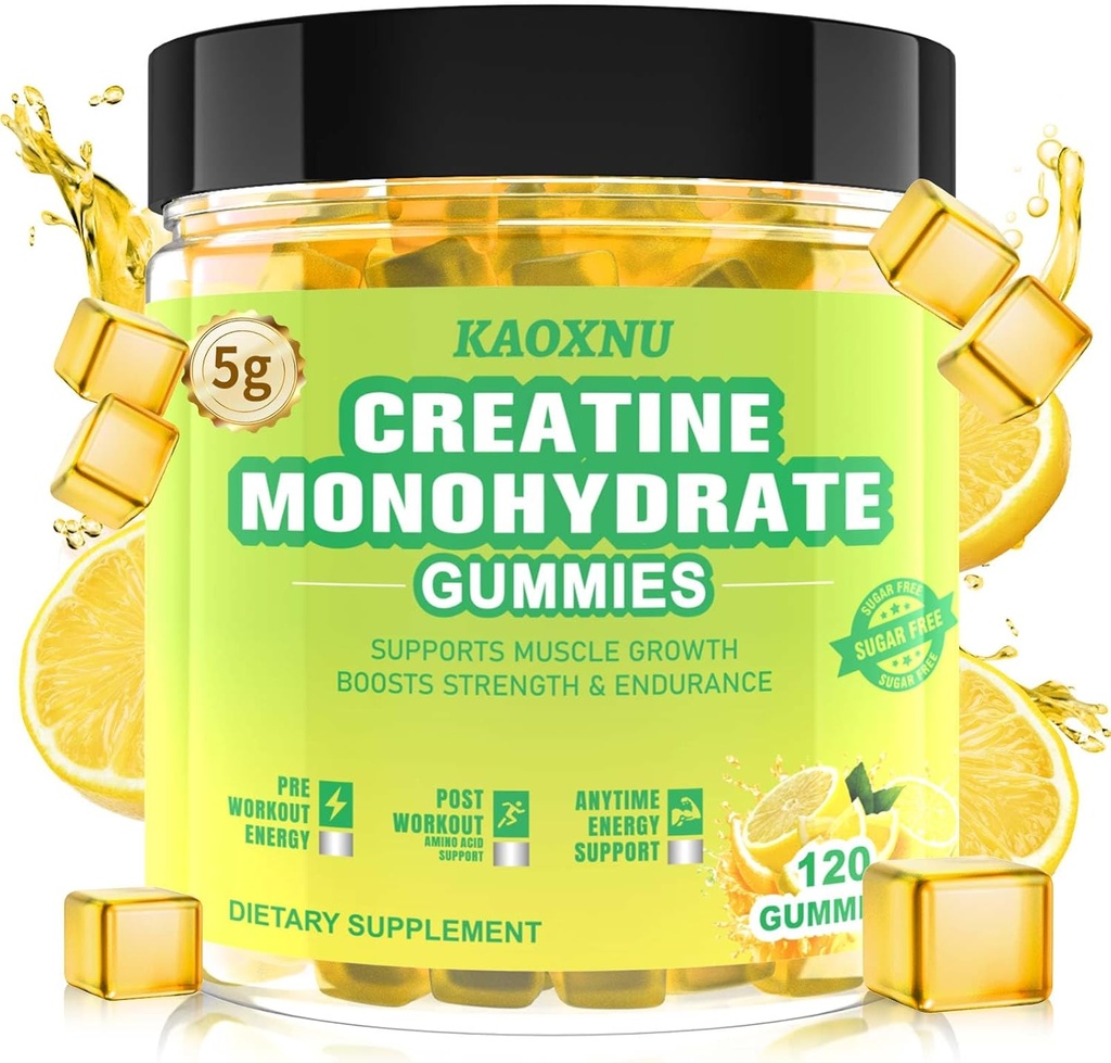 Creatine Monohydrate Gummies 남자 & 여자를 위한 5600mg, 근육 지원을 위한 120 CT Chewable Creatine Gummies, 에너지 부스트, 서빙 당 Creatine Monohydrate의 5.6g - 설탕 자유로운, Vegan (레몬 풍미)