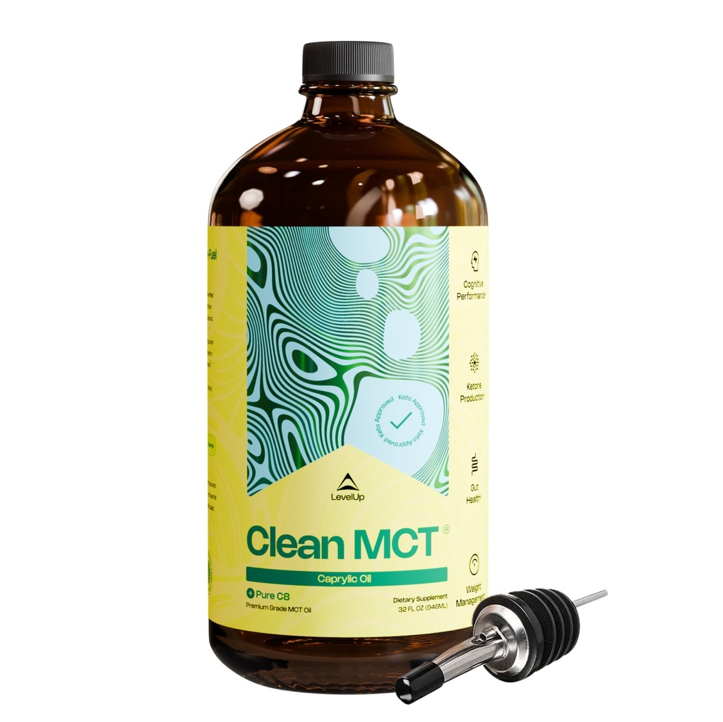LevelUp 클린 MCT 오일 - 에너지, 초점, 과트 건강, 두뇌 Superfuel을위한 100 % Caprylic C8 - Ketogenic Coffee 및 Ketones 용 Keto 보충 - 비 GMO (32 oz Glass Bottle)