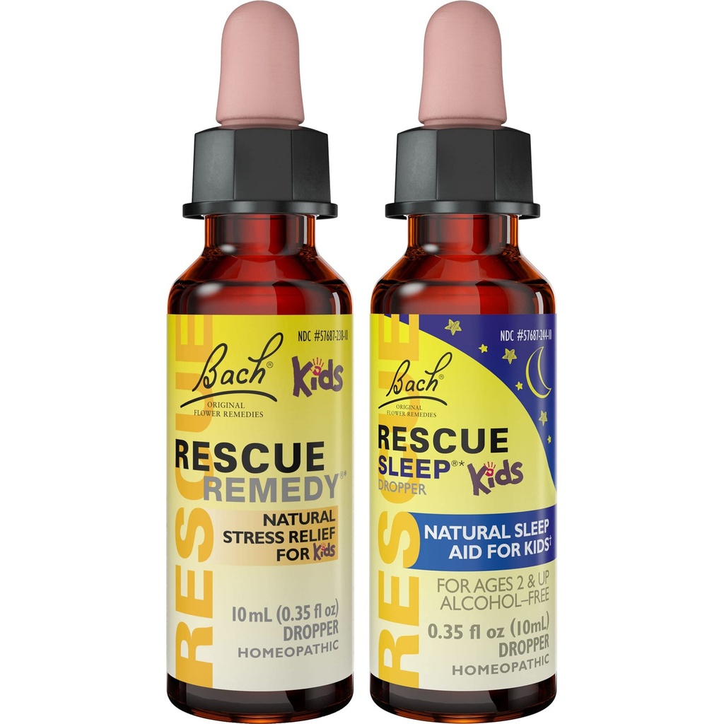 Kids Day & Night Bundle, Bach RESCUE Remedy Kids Dropper [및] RESCUE Sleep Kids Dropper- 2-Pk, Stress Relief & Sleep Support with Natural Flower Esssence, Homeopathic, Non-Alcohol Formula, 10mL Ea