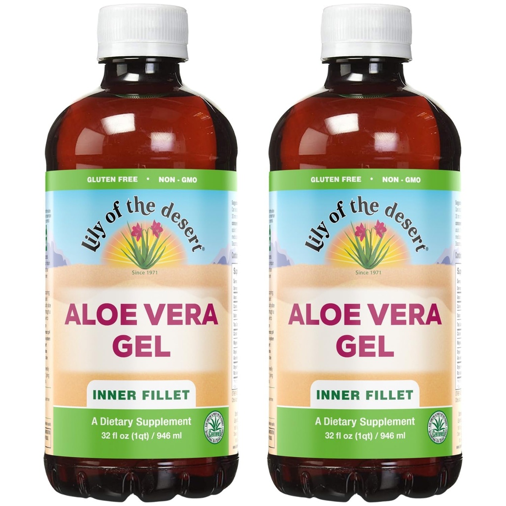 Lily Of The Desert Aloe Vera Gel - 자연 비타민과 함께 안 필렛 두꺼운 일관성 알로에 베라 음료, Gut Health, Stomach Relief, Wellness, Glowing Skin, 32 Oz (Pack of 2)