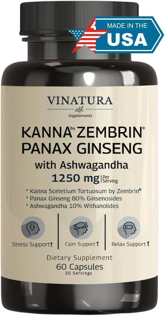 VINATURA Kanna Zembrin Sceletium Tortuosum - 50mg Kanna/Serving, Ashwagandha, Ginseng *Brain 건강, 스트레스 완화 지원 * Panax 인삼 80 % Ginsenosides Ashwagandha 캡슐 10 %