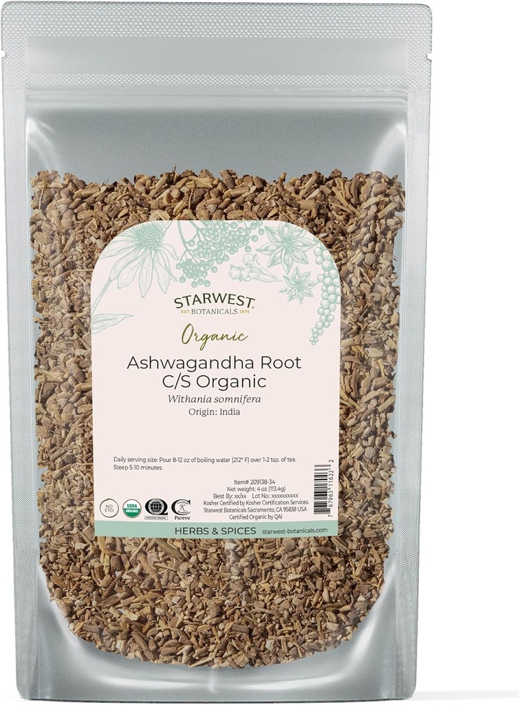 Starwest Botanicals Organic Ashwagandha Root for Women & Men - 차, 캡슐 및 천연 초본 혼합, 컷 및 Sifted, 공인 Kosher, Non-GMO - 4 oz 파우치에 대한 허브 건조