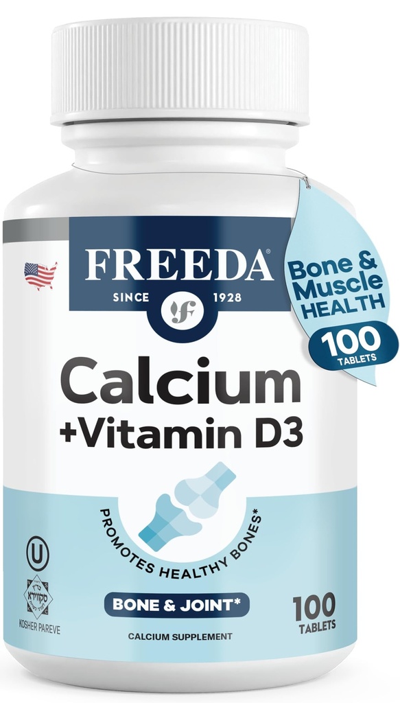 비타민 D3 400 IU를 가진 FREEDA 칼슘 600 mg – 필수 뼈 지원 보충교재 – Kosher, 글루텐 자유로운, 여성 & 남자 (100 Ct)를 위한 쉬운에 용매 입히는 정제