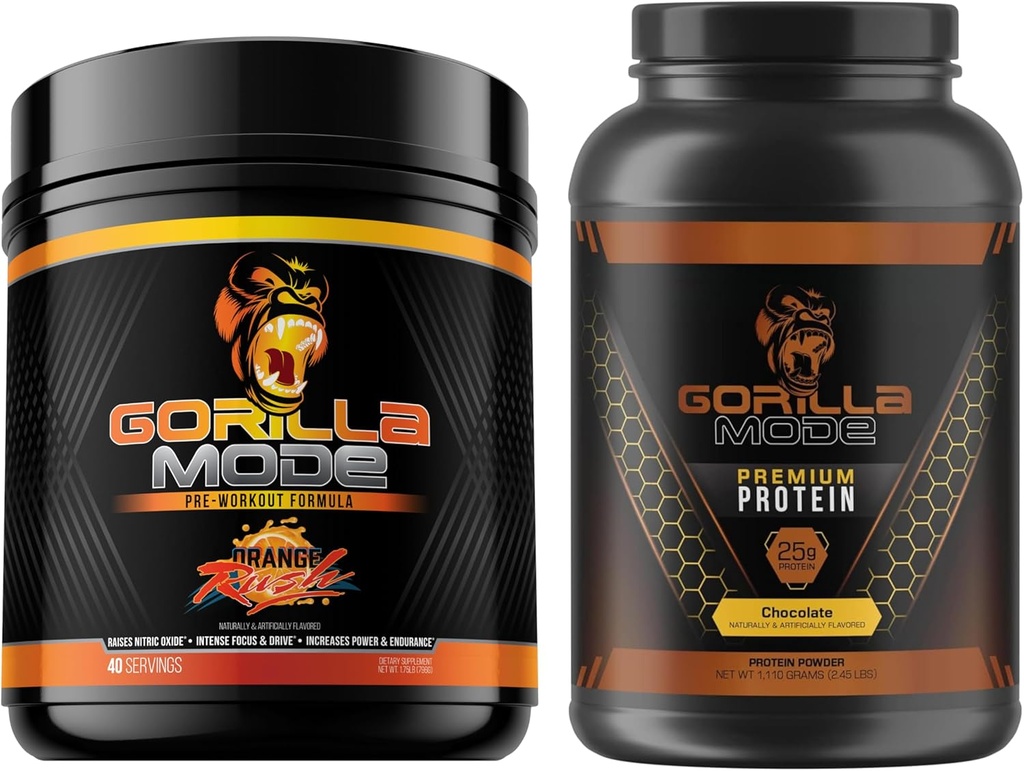 Gorilla Mind Pre Workout (Orange Rush) + Premium Whey Protein (Chocolate) - 최대의 결과 연료에 대한 종합 스택