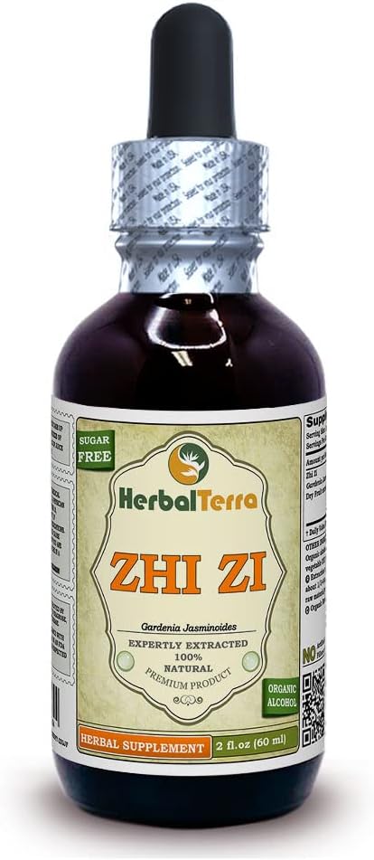 Zhi Zi, Gardenia (Gardenia Jasminoides) Tincture, 유기 건조 과일 액체 추출 (브랜드 이름: HerbalTerra, Proudly Made in USA) 2 fl.oz (60 ml)