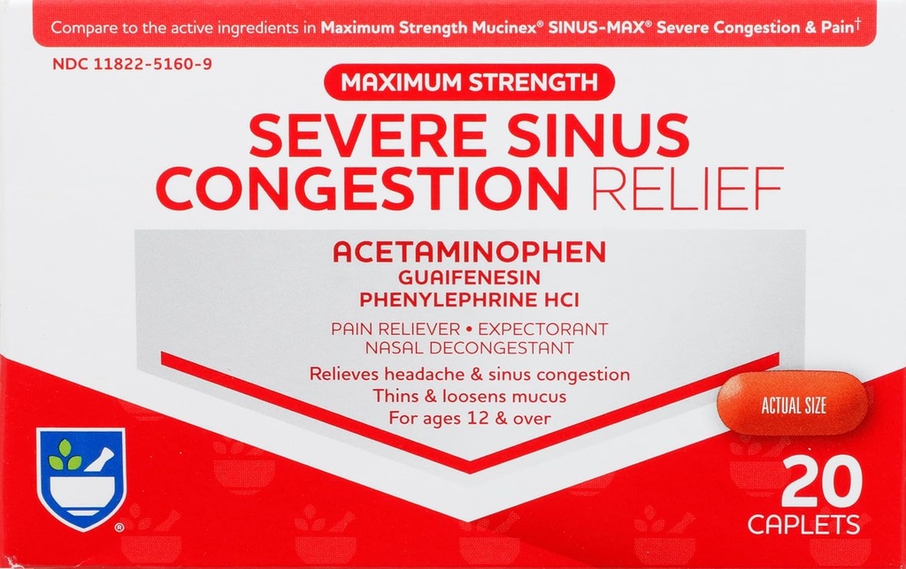 Rite Aid Severe Sinus Medicine and Nasal Decongestant, 최대 힘 - 20 Caplets | Sinus Relief | Pain Relief | 다흡혈기 감기와 독감 의학 | Severe Cold & Sinus Medicine