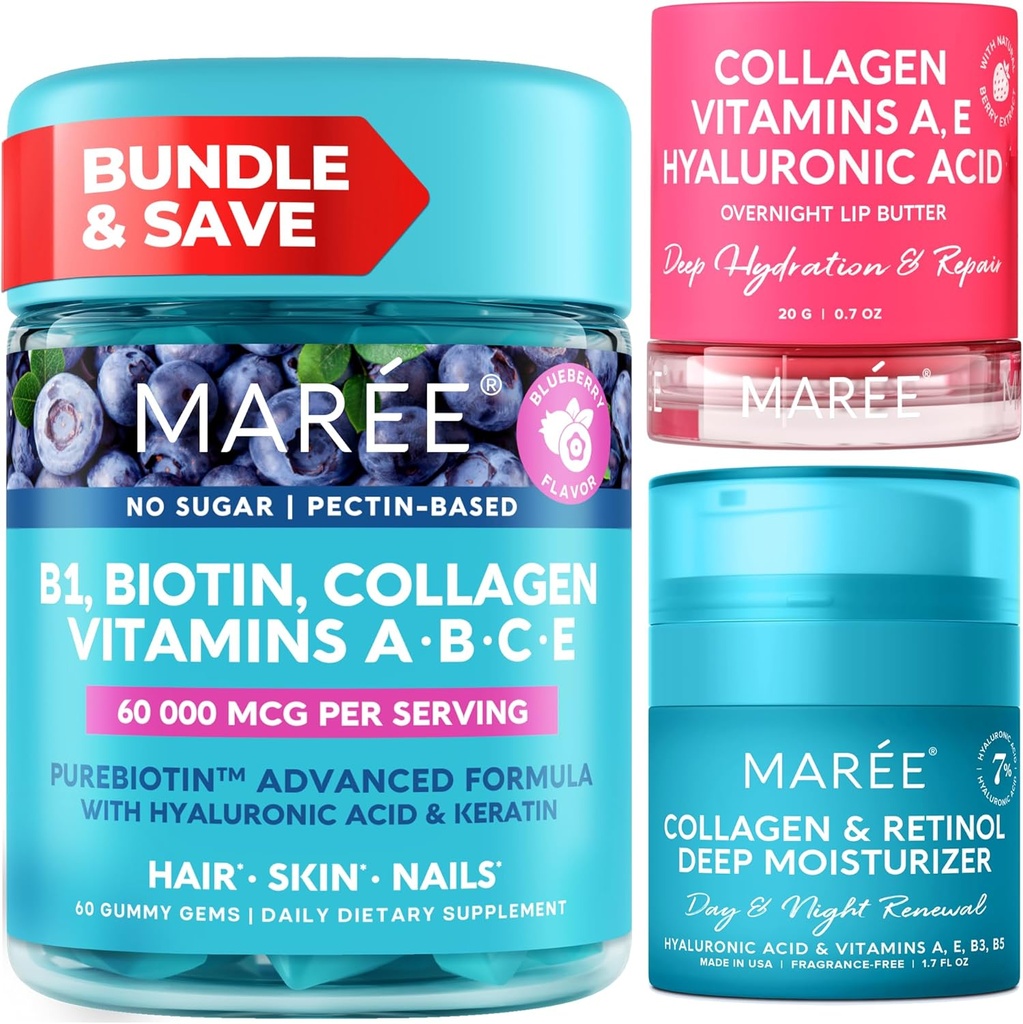 MAREE 번들 - 비타민 B1 Thiamine Gummies, 입술 마스크, 얼굴 Moisturizer - A, E, D, C 비타민 - 교원질 & Hyaluronic 산, 피부, 못, 머리 - 건조한 입술을 위한 Retinol 복잡한 - 노화 방지 크림
