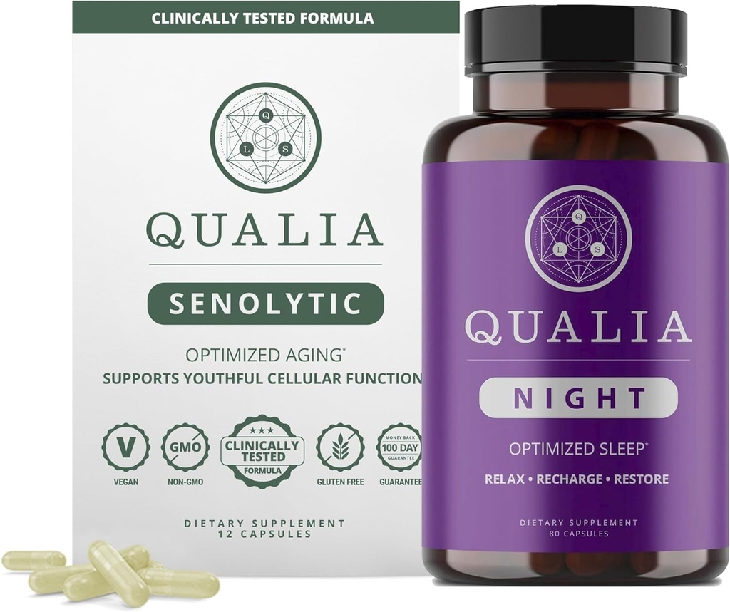 Qualia Life Sciences Bundle Qualia Night & Qualia Senolytic, 딥 리프레시 수면 및 최적의 셀 수리를위한 과학 백업 보조 식품