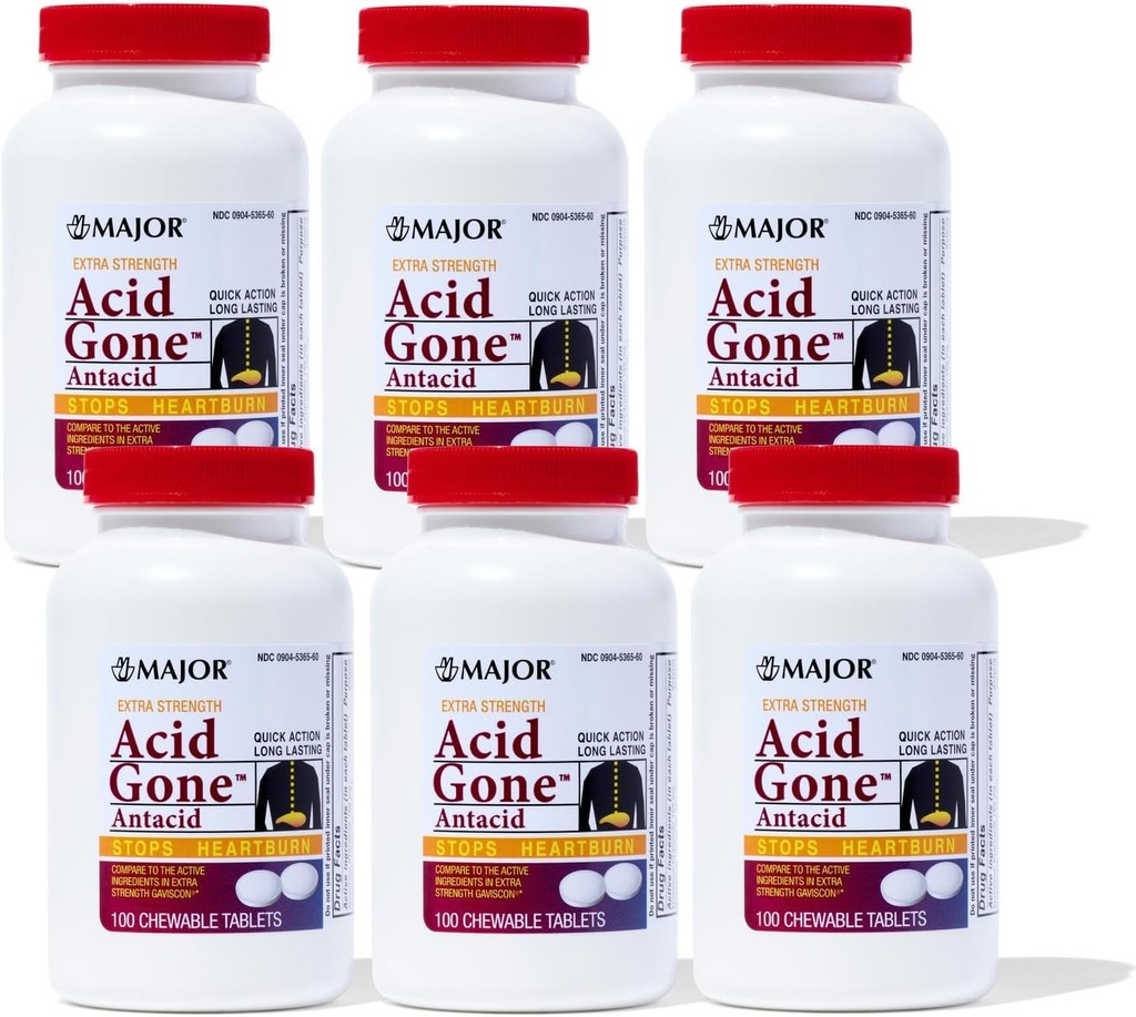 주요 산 Gone 여분 힘 Antacid Chewable 정제 - 반대로 산 기복 - 성인을 위한 산 Reflux 약 - Stomach, 산 Indigestion 및 Heartburn 기복 - 오래 견딘 - 100-Count (6 팩)