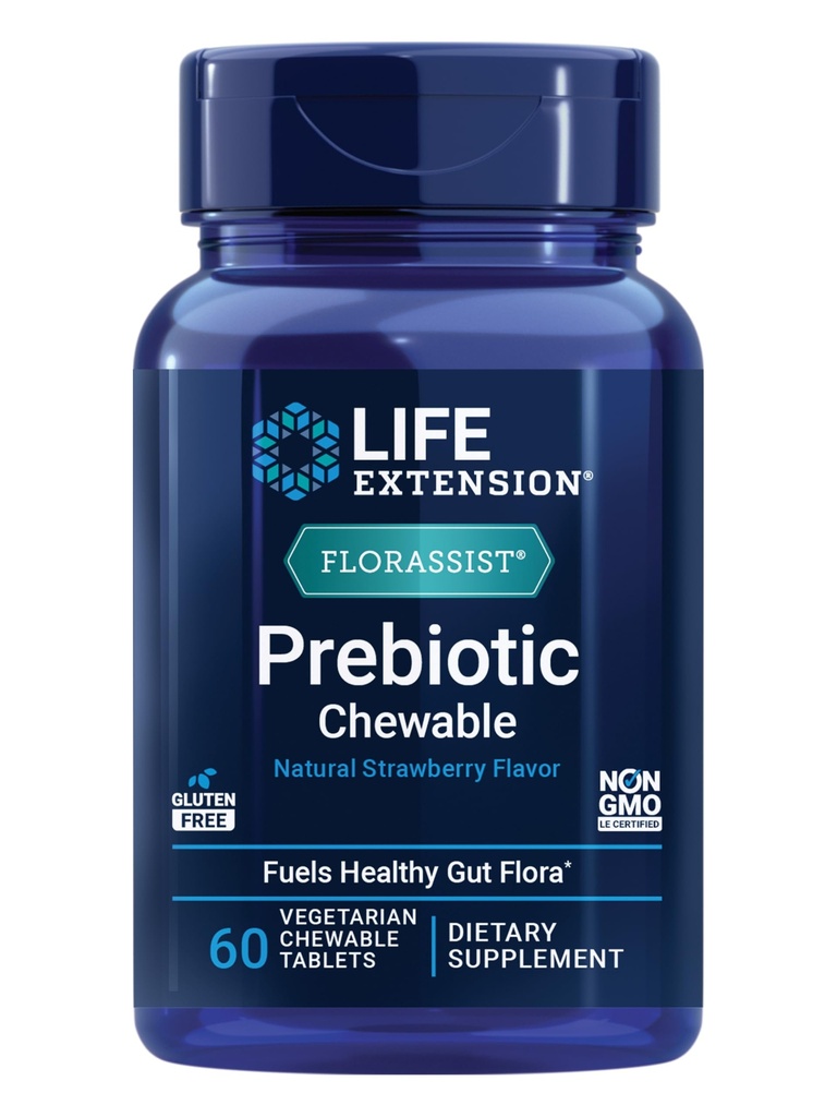 Life Extension FLORASSIST® Prebiotic Chewable (Strawberry), 1000 mg xylooligosaccharides, prebiotic Supplement는 Gut Flora, Gluten-Free, Non-GMO, 채식주의자, 60의 쉬울 수 있는 정제를 위한 연료를 제공합니다