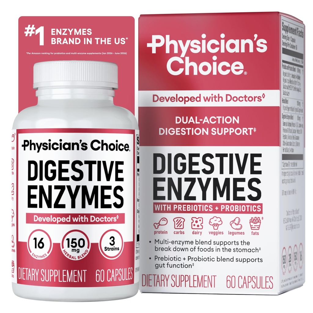 Physician 's CHOICE 소화 효소 Bloating & Digestion - Gut & Digestive 건강을위한 유기 Prebiotics 및 Probiotics가있는 16 효소 - 식사 시간 불편 완화 - 이중 행동 지원 - 60 CT