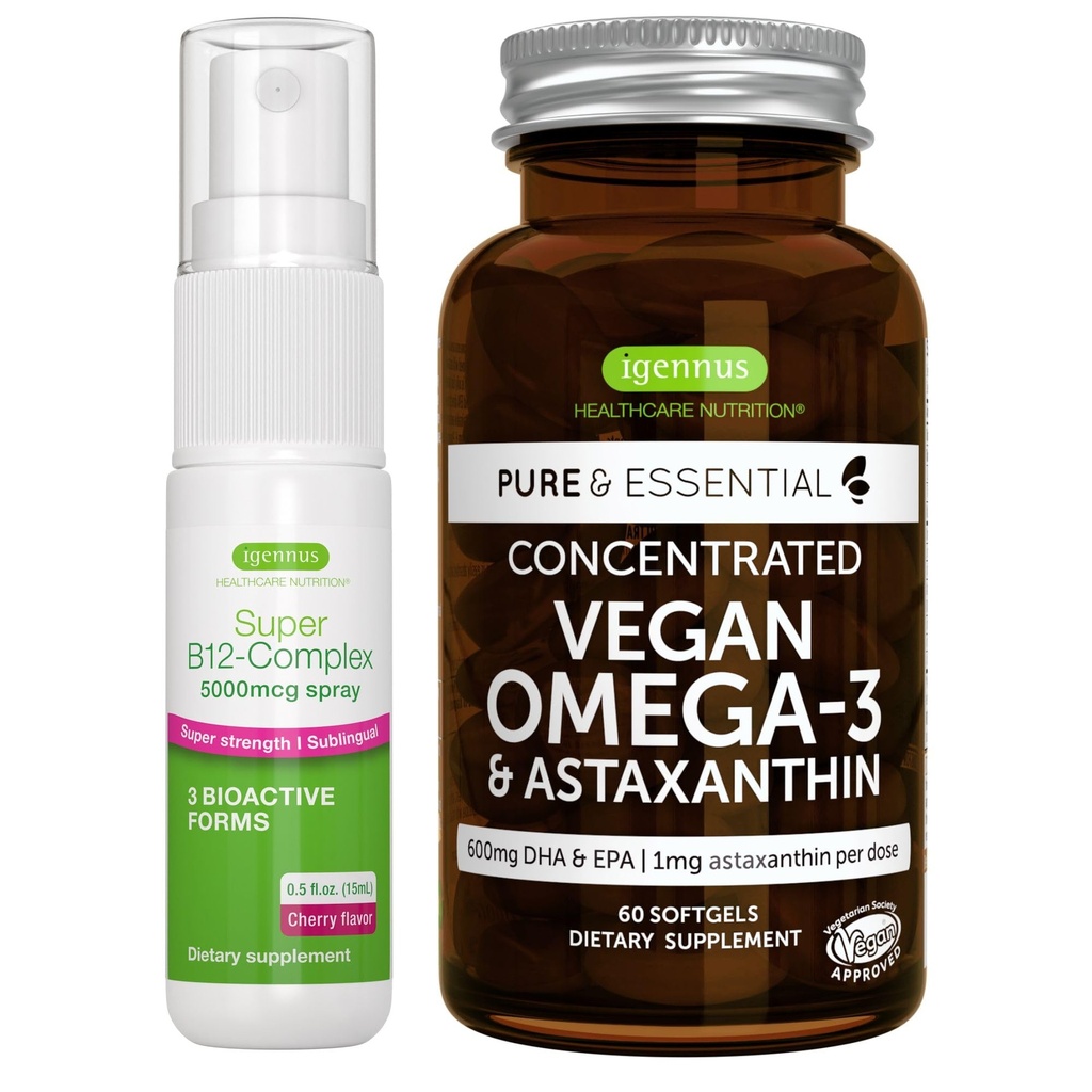 Vegan Omega-3 조류 기름 + 최고 B12 구획 5000mcg Vegan 뭉치, 높은 농도 DHA & EPA + 고강도 B12 버찌 풍미 이하 언어 살포, Igennus에 의하여