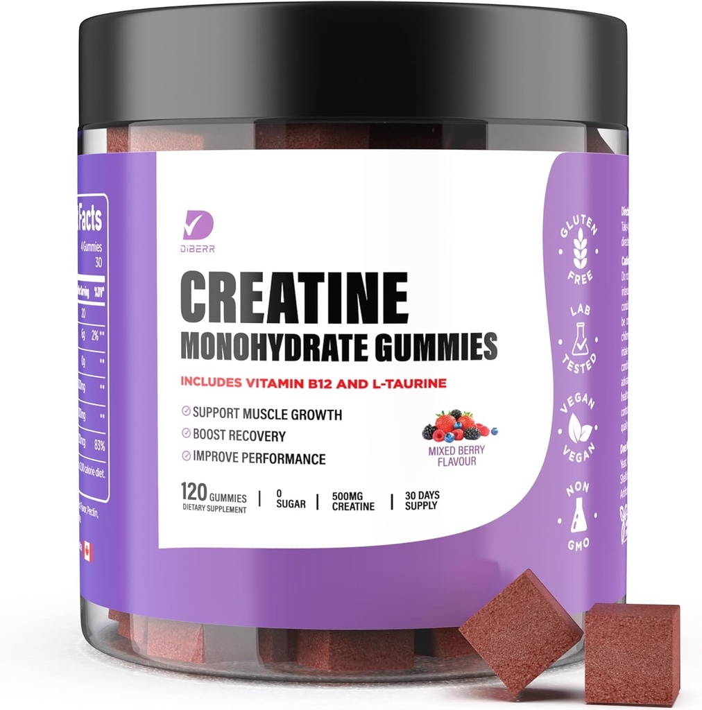 Creatine Gummies - 남성 및 여성을위한 Creatine Monohydrate Gummies - 서빙 - 증가 초점 당 Creatine Monohydrate, 힘, 내구력 - 건물 근육, 설탕 무료, 빈, 비 GMO 120 Ct