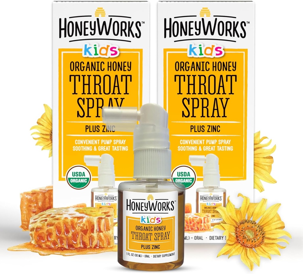 HoneyWorks Kids Throat Spray for Sore Throat Relief, 1 Oz (Pack of 2) Soothing Non-GMO USDA 유기 다크 꿀 + 아연, 빠른 행동 구호, 12 개월 +