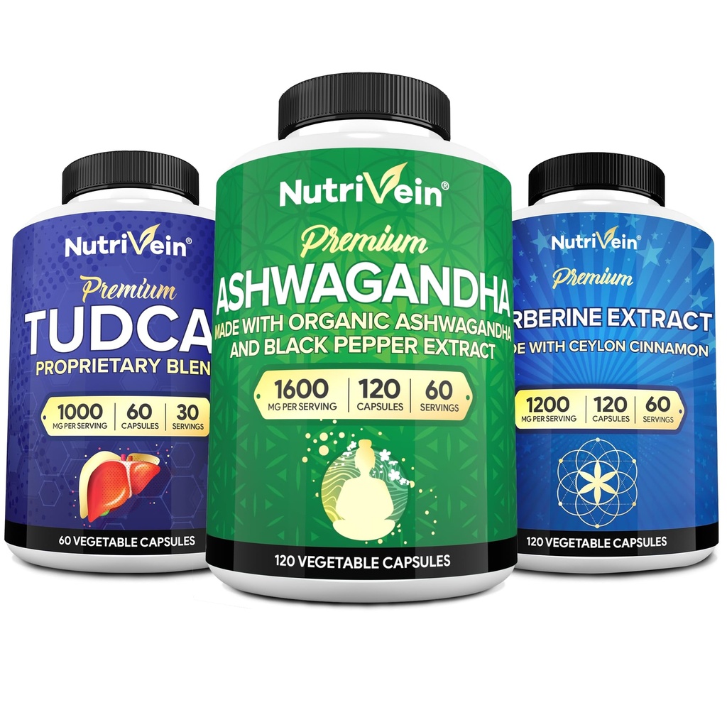 Nutrivein 프리미엄 TUDCA, Berberine 보충제 및 Ashwagandha 보충제 번들 : 고 흡수 Berberine Complex, Ashwagandha 뿌리 추출물, & Detox, Vitality & Well-Being을위한 TUDCA