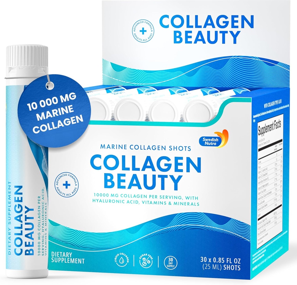 Swedish Nutra - Collagen Beauty | 10,000 mg Hydrolyzed Marine Collagen Liquid Supplement - 30 x 25 ml 일일 샷 | Hyaluronic Acid and Vitamin C to Support Healthy Hair, Skin, Nails | Sugar-Free