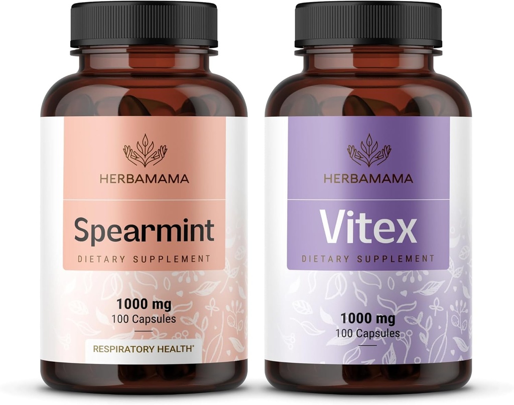 HERBAMAMA Spearmint 및 Vitex 키트 - 1000 mg Spearmint 잎 및 Vitex Chasteberry 캡슐의 번들 - Vegan, Non-GMO, Gelatin-Free - 2 팩