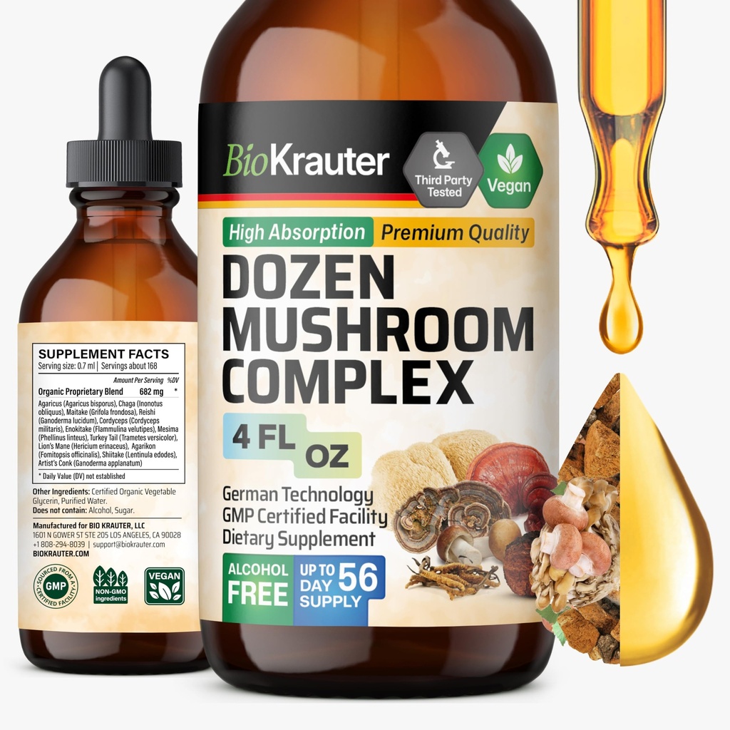 BIO KRAUTER Dozen Mushroom Tincture - 면역 지원 보충교재 방울 - 소화 및인지 지원 촉진 - 비 GMO, 액체 면역 방어 공식 - 4 fl. oz 병