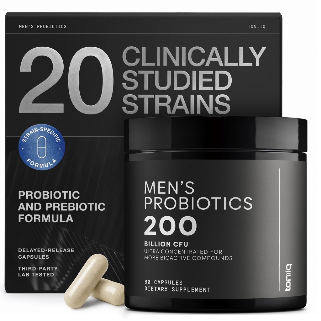 Toniiq Mens Probiotic with 20 Verified Strains – 200 Bilion CFU + 200mg FOS Prebiotic – Gut Health의 Mens Probiotics - 콜드 체인 및 지연 - 릴리슨 - 실험실 테스트 Synbiotic 공식