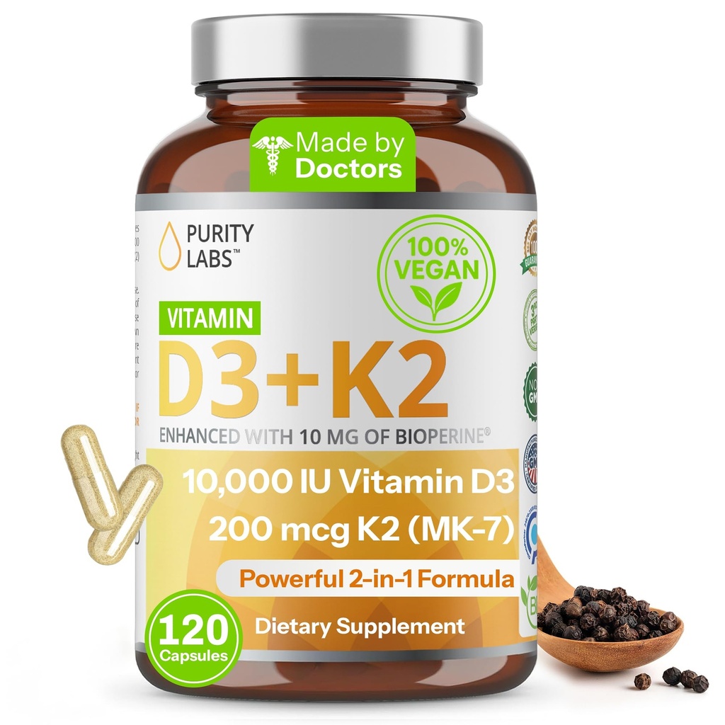 순수성 실험실 비타민 D3 K2 10000 IU, (250mcg) D3 + 200mcg K2 MK7 - Bioperine로 강화되는 면역 지원 보충교재 - 매일 방위, 뼈, 근육 & 피부 건강을 위한 보충교재 - 120의 캡슐