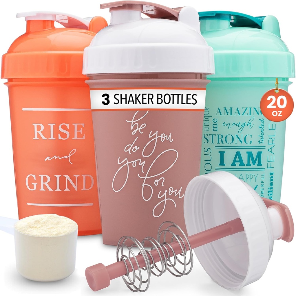 GOMOYO [3-Pack] 20-Ounce Shaker Bottle with Action-Rod Mixer | 단백질 셰이커 Bottle with Motivational Quotes | 단백질 쉐이커는 BPA Free, Dishwasher Safe | 산호, 민트, 로즈
