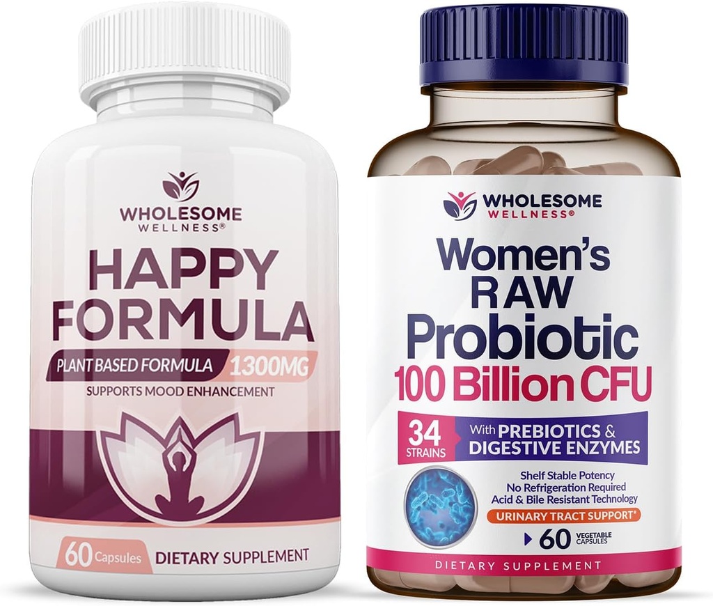 Wholesome Wellness Happy Formula Natural Formula Relief Supplement + Dr. 여성 100 억 CFUs 번들을위한 공식화 된 Raw Probiotics