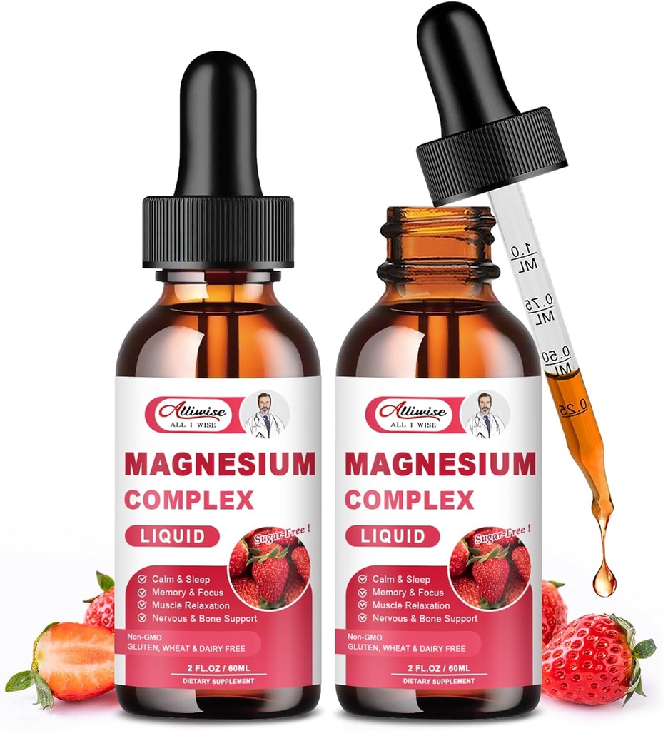 2 Pack Triple Magnesium Complex Liquid Drops Blend with Magnesium Glycinate 500mg, Malate and Taurate for Max Bio-Availability | 높은 흡수 | Vegan, Non-GMO | Nerv, Relaxation, 근육 및 수면