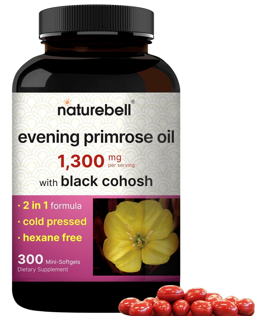 NatureBell Evening Primrose Oil with Black Cohosh, 1,300mg Per 서빙, 300 Mini-Softgels | 냉압 씨앗, 여성 건강 및 피부 관리 지원을위한 130mg GLA 유지 – Hexane Free, Non-GMO