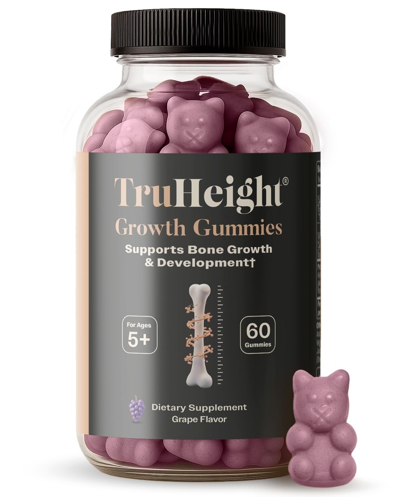 TruHeight 성장 Gummies (Grape) 어린이 및 청소년을위한 자연 성장 및 개발 보충 - 비타민 D, K, 칼슘 & Ashwagandha - 뼈 힘 비타민 D3 K2 - 아이를위한 Picky Eater 비타민 - 5 +